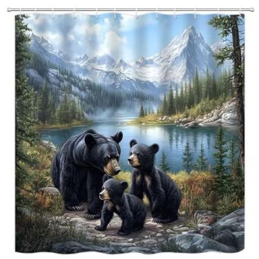 Imagem de PZMPZM Cortina de chuveiro rústica de urso preto na floresta, cabana, animal selvagem, paisagem, lago, paisagem, natureza, caça, tecido, decoração de banheiro, conjuntos de cortinas com ganchos, 177,8