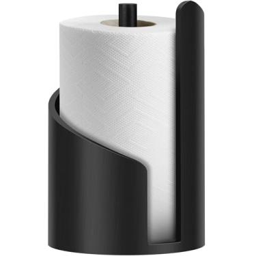 Imagem de Suporte de toalha de papel de montanha, bancada, madeira, base redonda, suporte de toalha de papel, bancada, com uma mão, padrão e rolo grande para cozinha e banheiro (preto)