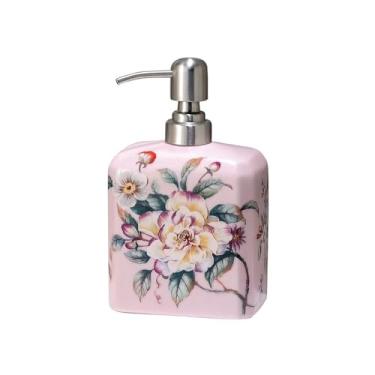 Imagem de Dispensador de sabão Dispensador de sabonete cerâmica grande capacidade com bomba, frasco vazio para líquido e gel banho, tipo prensa, para uso em hotéis(Pink)