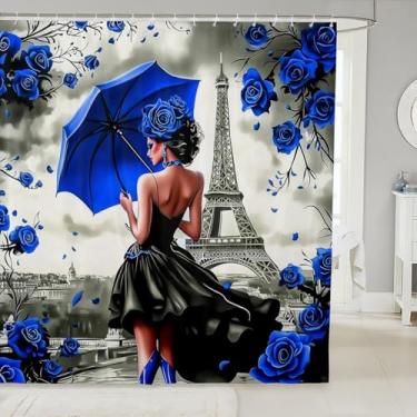 Imagem de Cortina de chuveiro feminina romântica Paris em tecido rosa azul escuro para casais amantes, Torre Eiffel francesa 183 cm L x 183 cm C, estilo retrô, flor azul para banheiro de meninas negras