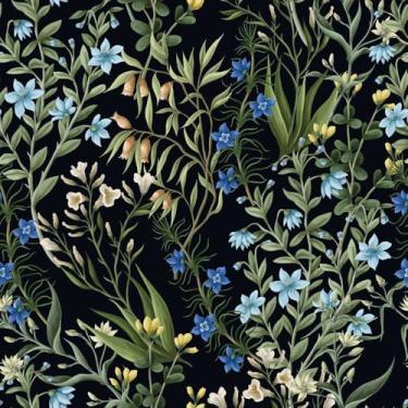 Imagem de COKCOKR Papel de parede floral minimalista azul 17,71 "X 300.0 cm papel de parede descascar e colar fundo preto floral folha verde papel de parede para cozinha, sala de jantar, vestiário, sala de