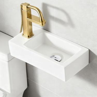 Imagem de Suporte de parede para pia pequena, pia de banheiro retangular de 35,56 cm x 17,78 cm, retangular pequeno e moderno flutuante, pia de vaso de cerâmica branca, economiza espaço, mão esquerda