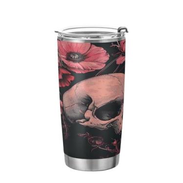 Imagem de Kigai Copo de aço inoxidável de caveira estilo horror, 590 ml, copo de café isolado com tampa e canudo, caneca de café de viagem de parede dupla para bebidas quentes e frias