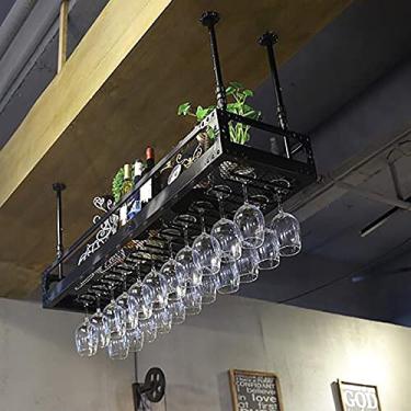 Imagem de Rack de vinho de teto, altura ajustável, rack de armazenamento de ferro suspenso, rack de decoração, suporte de taças de cálice, prateleira de exibição de bares/restaurantes/cozinhas