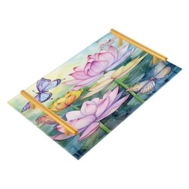 Imagem de Wassud Bandeja de banheiro borboletas e lótus com alças organizador de perfume de joias de acrílico para banheiro, quarto, cozinha, balcão de 30 x 20 cm