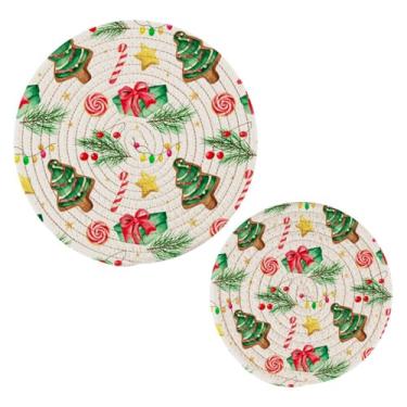 Imagem de Wassud Conjunto de trivet com padrão de aquarela de Natal para pratos quentes, suportes redondos de algodão, almofadas quentes, porta-copos elegantes, decoração de cozinha e acessórios, 2 peças