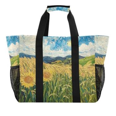 Imagem de Wassud Van Gogh's Fields Sacolas de mercearia reutilizáveis grande bolsa organizadora de lona impermeável para praia, piquenique, lavanderia, viagem