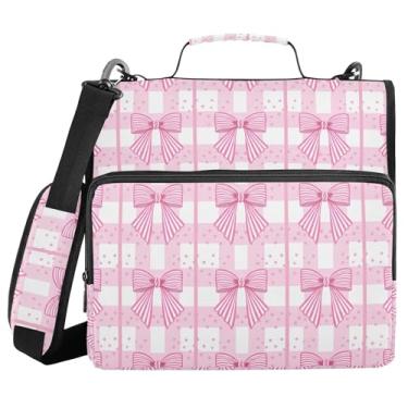 Imagem de Burbuja Pasta de fichário xadrez com zíper e laço rosa com 3 anéis com lixa expansível e alça de ombro serve para laptop de 13 polegadas, vários bolsos para trabalho de escritório