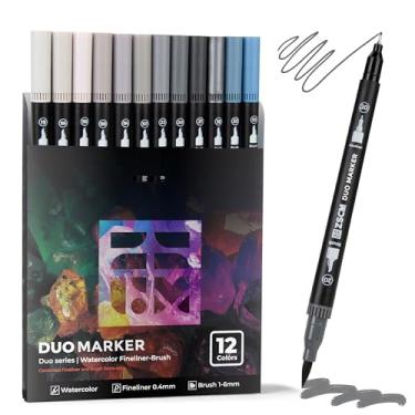 Imagem de ZSCM Canetas de ponta dupla, marcadores artísticos, canetas de pincel fino, marcadores de colorir para adultos, kit de artesanato (cinza)