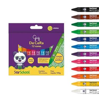 Imagem de Starschool Giz de Cera Jumbo 12 Cores 105g | Traço Macio e Cobertura Intensa | Rótulo Protetor que Evita Quebra e Sujeira | Ideal para Mãos Pequenas | Kit Escolar Infantil Seguro e Criativo