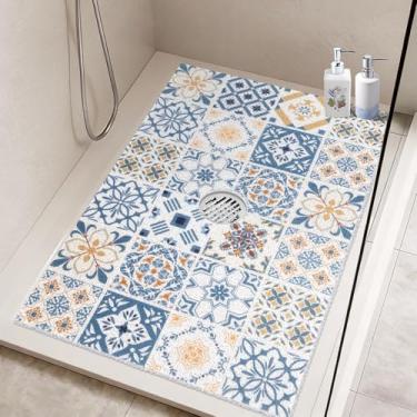 Imagem de Tapete de chuveiro quadrado antiderrapante, 61 x 91 cm, extra grande, para chuveiro interno, tapete de chuveiro antiderrapante de PVC macio com orifício de drenagem no meio, tapete de banho de bucha