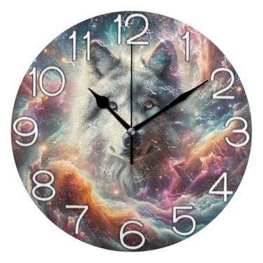 Imagem de GAIGEO Relógio de parede analógico decorativo funky alimentado por bateria relógio de sala de aula, arte de parede boho, decoração de casa, nuvem de fantasia de lobo branco, 25 cm, ponteiros pretos
