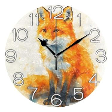 Imagem de GAIGEO Relógio de parede decorativo analógico redondo sem tique-taque silencioso relógio de cozinha fofo, decoração moderna de meados do século arte aquarela raposa chique animal, 25 cm, ponteiros