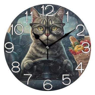 Imagem de GAIGEO Relógio de parede analógico decorativo relógio de cozinha bonito estético silencioso sem tique-taque, decoração de parede de meados do século sala de estar, desenho de gato malhado cinza legal