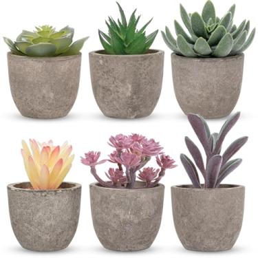 Imagem de FineCheer 6 peças de suculentas artificiais em vaso pequenas plantas de mesa falsas cactos realistas em vaso de polpa de papel, mini suculentas internas para fazenda, prateleira, sala de estar, quarto