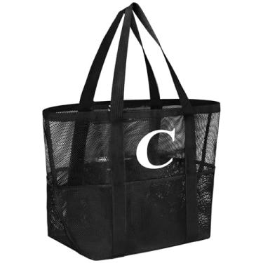 Imagem de wanchel Bolsa de praia de malha personalizada para mulheres - Sacola à prova d'água com inicial inicial para viagens em família, brinquedos, itens essenciais de férias