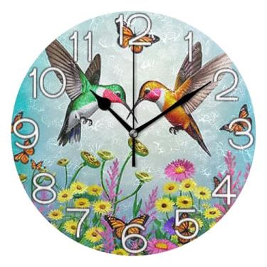 Imagem de GAIGEO Relógio de parede analógico decorativo quarto cozinha relógio redondo sem tique-taque silencioso, sala de estar moderna decoração de parede beija-flor floral, 25 cm, ponteiros pretos