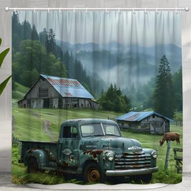 Imagem de Cortina de chuveiro vintage caminhão fazenda celeiro rústico ocidental velho carro antigo fazenda gado floresta enevoada país retrô conjunto de banheiro acessórios de banheira tecido de poliéster com