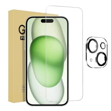 Imagem de Pacote com 1+1 para iPhone 15 Plus 6,7 polegadas, protetor de tela de vidro temperado com protetor de lente de câmera, kit de instalação premium mais fácil, sem bolhas, compatível com capas, dureza 9H