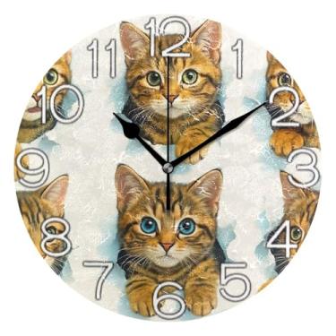 Imagem de GAIGEO Relógio de parede analógico decorativo operado por bateria relógio de escritório cozinha, decoração de parede moderna sala de estar fofo gato gatinho malhado, 25 cm, ponteiros dourados