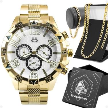 Imagem de relogio masculino dourado aço + caixa + cordão + pulseira pesado analo