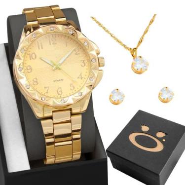 Imagem de Relogio Feminino Dourado Aço + Colar Strass Brinco + Caixa qualidade p