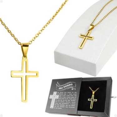 Imagem de cordão banhado ouro + pingente crucifixo religião + caixa cruz dourado