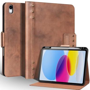 Imagem de Une Diffe Capa de couro para iPad (A16) 11ª geração 2025, iPad 10ª geração 2022, capa protetora com suporte para lápis, fecho magnético, hibernar/despertar automático, couro curtido vegetal, marrom