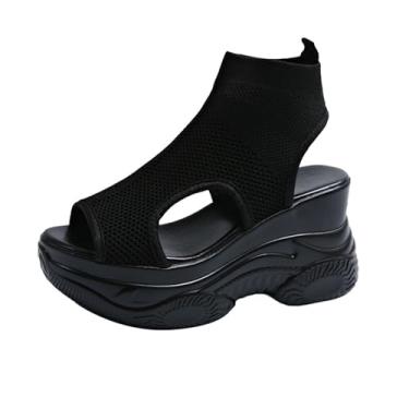 Imagem de Sandálias femininas de malha sólida voando boca de peixe bico aberto plataforma sem cadarço respirável primavera verão, Preto, 38