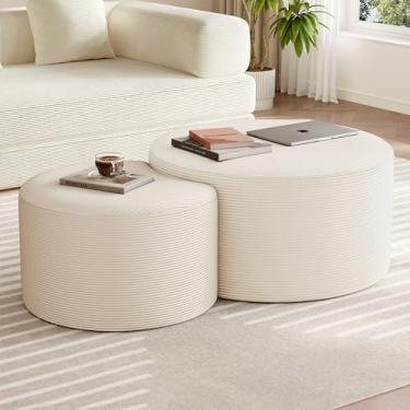 Imagem de BSHOMGI Conjunto de 2 mesas de centro estofadas redondas de veludo cotelê redondo de espuma lateral para sala de estar, conjunto de entrada, 81 cm + 43 cm, apoio para os pés ou bancos de cama, sem