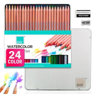 Imagem de COLOUR BLOCK Conjunto de lápis aquarela de madeira de cedro premium de 24 peças com kit de lápis ideal para desenhar, esboçar, colorir e pintar lápis de aquarela de viagem