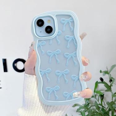 Imagem de QLTYPRI Linda capa de laço para iPhone 13/iPhone 14, estampa de laço de fita transparente, borda ondulada, estética, capa protetora fina à prova de choque para mulheres e meninas - azul