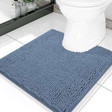 Imagem de Smiry Tapetes de banheiro de chenille luxuosos em forma de U 50 x 50 cm, tapetes de banheiro macios e absorventes antiderrapantes para banheiro, tapetes de banho contornados laváveis na máquina, azul