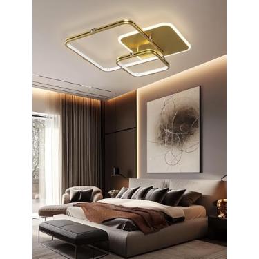 Imagem de Luminária de teto LED moderna, 3000-6000K, dimerizável, 44W, com controle remoto, em acrílico, para quarto, sala de estar, sala de jantar, cozinha e escritório (quadrada dourada, 55cm).