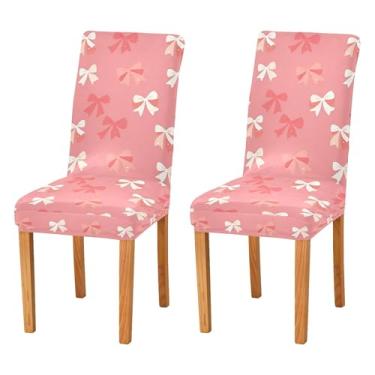 Imagem de SEHANY Conjunto de 2 capas de cadeira com laço de bolinhas rosa para sala de jantar, elástico, removível e lavável, para cozinha, hotel, festa, Natal