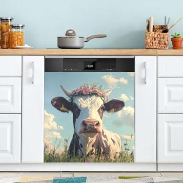 Imagem de xigua Capa magnética para lava-louças Flowers Highland Cow, adesivos magnéticos decorativos antiarranhões para painel de geladeira e lava-louças, decoração personalizada de cozinha doméstica 58 x 66