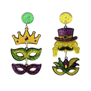 Imagem de Brincos femininos de carnaval com pingente de chapéu de carnaval com glitter verde brincos leves para presentes de festa de carnaval, Large, Plástico, Sem pedra preciosa