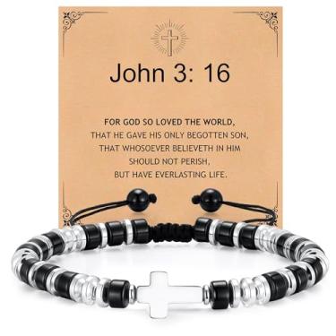 Imagem de Pulseiras masculinas com contas de cruz cristã – Pulseira masculina de ágata preta natural ajustável para confirmação de batismo e páscoa, presente legal de aniversário, dia dos namorados, pais