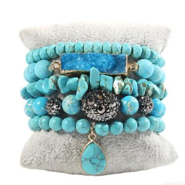 Imagem de ZOSOJONA Pulseiras femininas Boho com contas, 5 peças, contas de ágata turquesa, conjunto de pulseiras elásticas com pedra natural e cristal, pulseiras empilháveis da amizade, joias presentes para