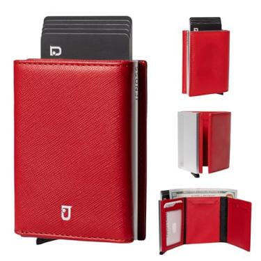 Imagem de Jenoss Carteira inteligente AirTag para homens e mulheres: couro de flor integral, feita à mão, capa pop-up, fina, bloqueio RFID, suporte para cartão de crédito Apple Air Tag Tracker Trifold