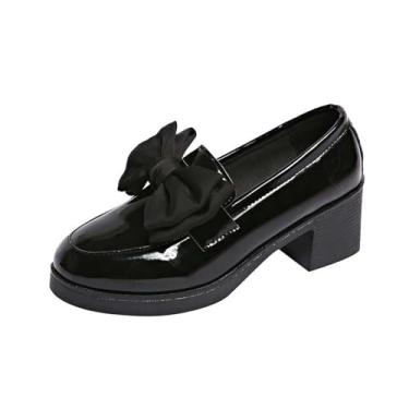 Imagem de Mocassins femininos casuais para todas as estações, sapatos de couro, cor sólida, laço redondo, sola grossa, salto médio, Preto, 38
