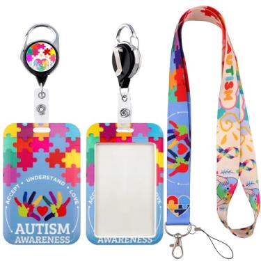 Imagem de Cordão de autismo com porta-crachá de identificação para crianças e adultos, conscientização de professores, com clipe retrátil de carretel de crachá para chaveiros