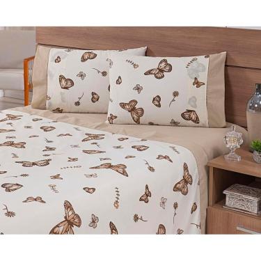 Imagem de Jogo Lençol Viúva 4 Peças 188x108x30 100% Algodão 300 Fios Estampado Borboletas Cáqui Fundo Cáqui