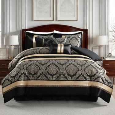 Imagem de QuiltMuse Conjunto de edredom King preto, textura de damasco dourado, 7 peças, jacquard ultramacio com peça sólida, conjunto de cama de luxo com edredom, saia para cama, fronhas e travesseiros