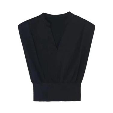 Imagem de Blusa Feminina Preta Cropped Sem Mangas Com Decote V Para O Verão, Cas