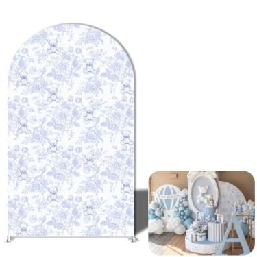 Imagem de NIVIUS PHOTO Toile De Jouy Capa de fundo retrô rústica arqueada elástica elastano aniversário chá de bebê casamento noiva para ser fundo curvo, caprichoso (urso de pelúcia azul floral, 2,2 x 1,2 m))