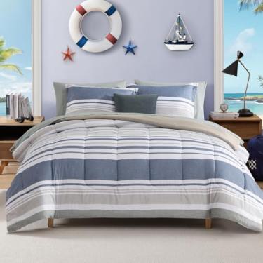 Imagem de AMBERSPACE Jogo de cama casal com textura xadrez, conjunto de cama em uma bolsa, conjunto de cama leve para todas as estações, azul marinho