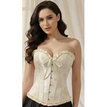 Imagem de Corpete Espartilho Corset Cinta Modela Cintura Brocado Sexy Cor:CremeT