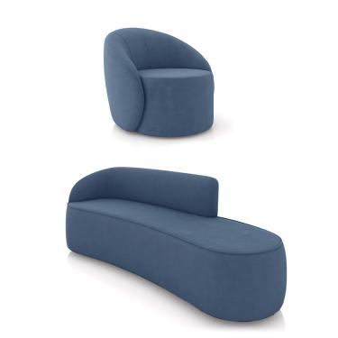 Imagem de Sofá 4 Lugares Orgânico 220cm Morgan e Poltrona Lua Suede Azul M D03 - D'Rossi