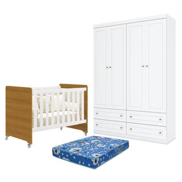 Imagem de Berço Americano Evolution 4 em 1 Branco Acetinado Savana e Guarda Roupa Infantil Americano 4 Portas Branco HP e Colchão Ortobom - Henn